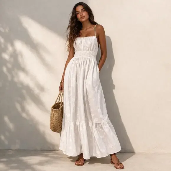 NWT: TROVATA Birds of Paradis Mirabella Embroidered White Cotton Maxi Dress - Picture 1 of 11